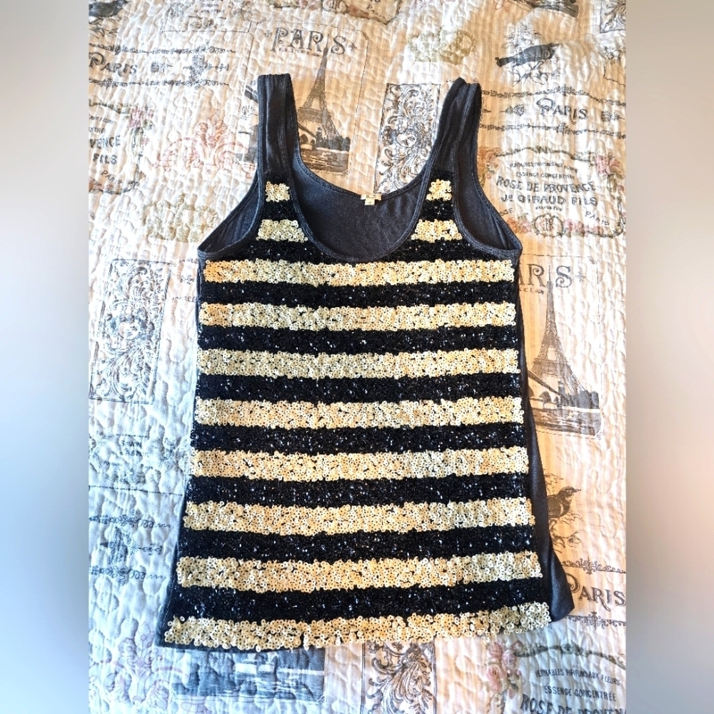 J.Crew Sequin Striped Tank Top Small Black Cream Party Sleeveless